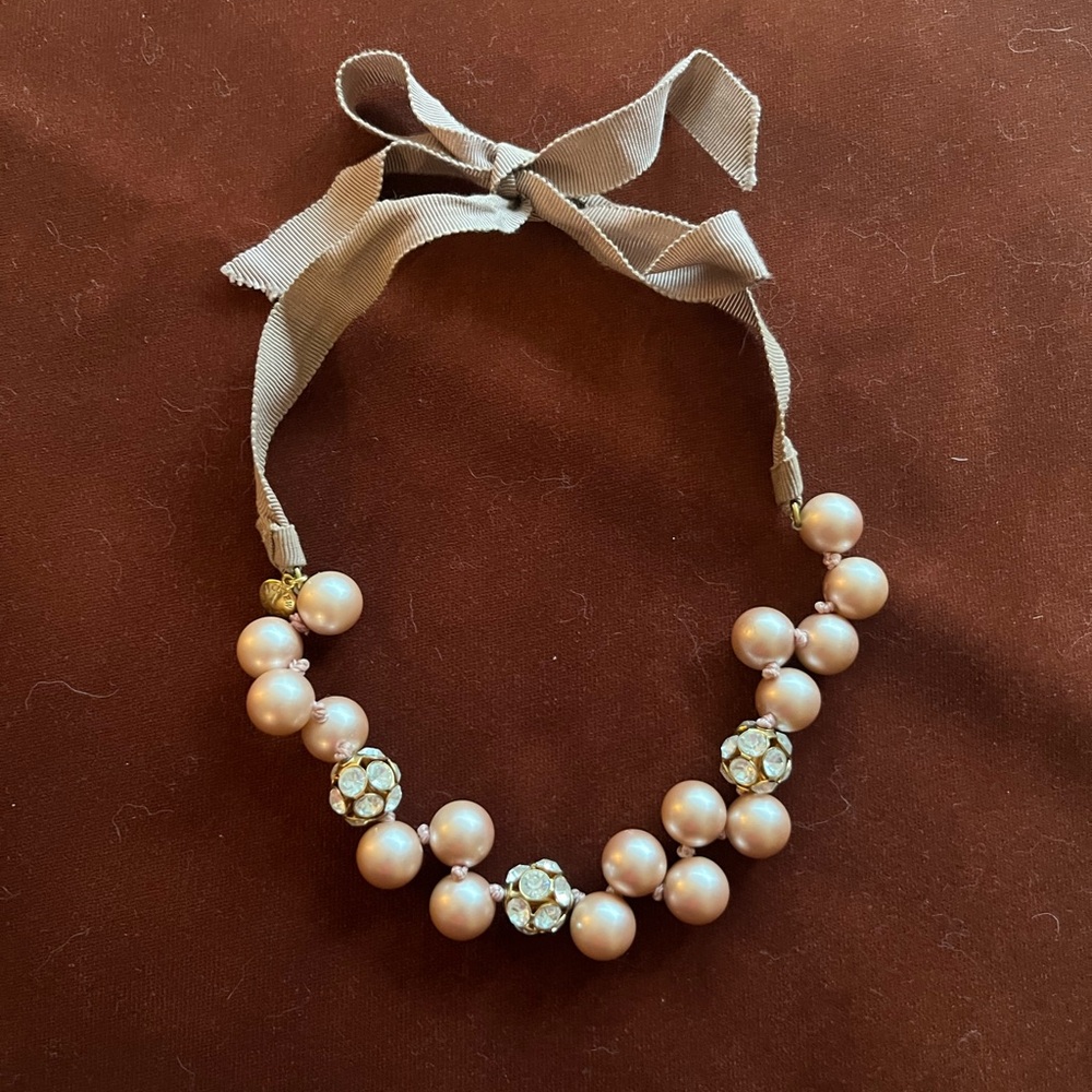 J. Crew Vintage Pink Pearl Ribbon Necklace